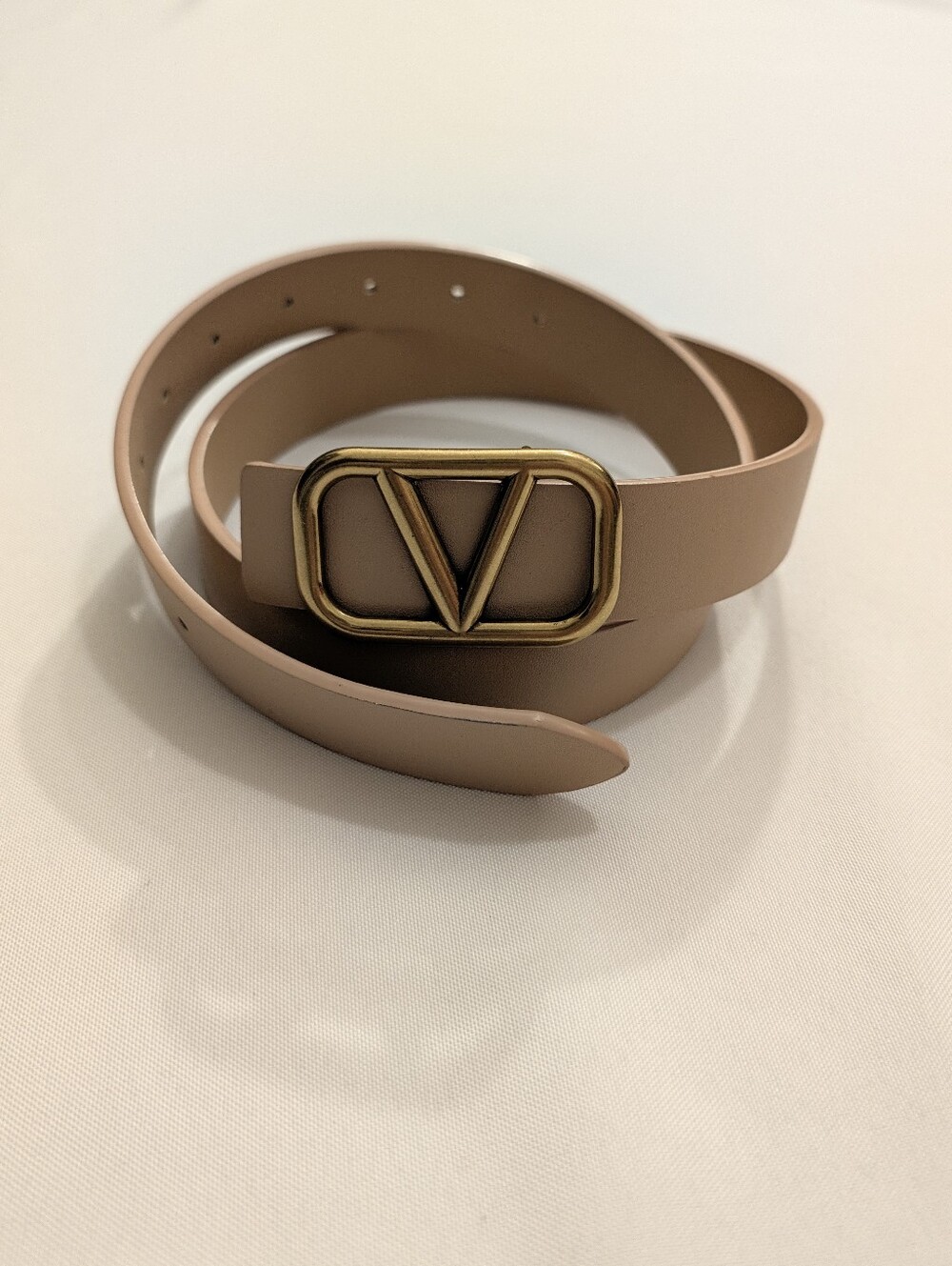 Beige Leather Belt with Gold V Logo Buckle